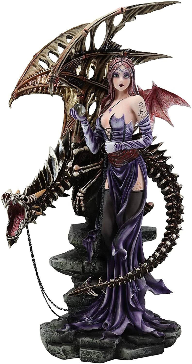 Large 26"H Gothic Soothsayer Psychic Fairy & Bone Skeletal Ghost Dragon Statue-3