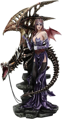 Large 26"H Gothic Soothsayer Psychic Fairy & Bone Skeletal Ghost Dragon Statue-3