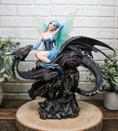 Large Ice Elemental Fairy With Night Fury Dragon Statue 14"L Fantasy Witch Fairy-1