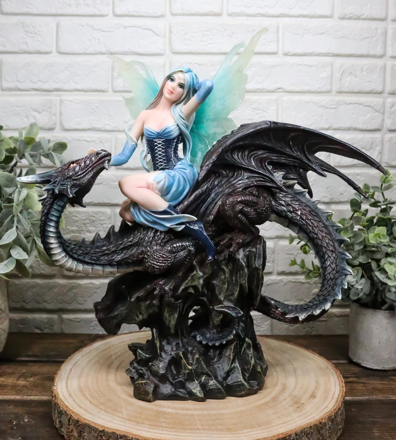 Large Ice Elemental Fairy With Night Fury Dragon Statue 14"L Fantasy Witch Fairy-1