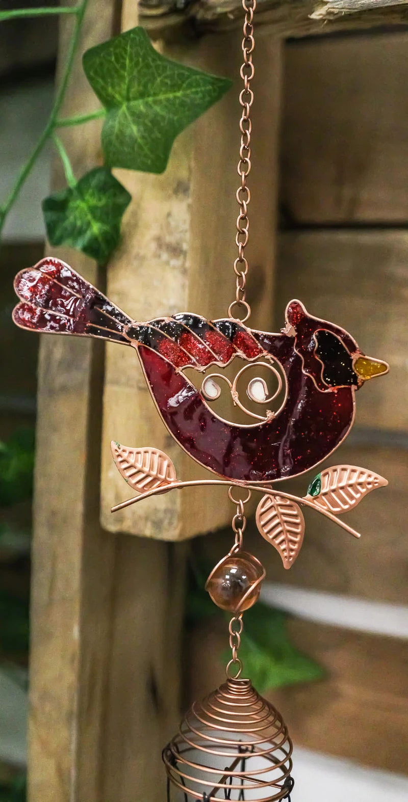 Stained Glass Red Cardinal Bird On Twig Copper Metal Wind Chime 24"Long-2