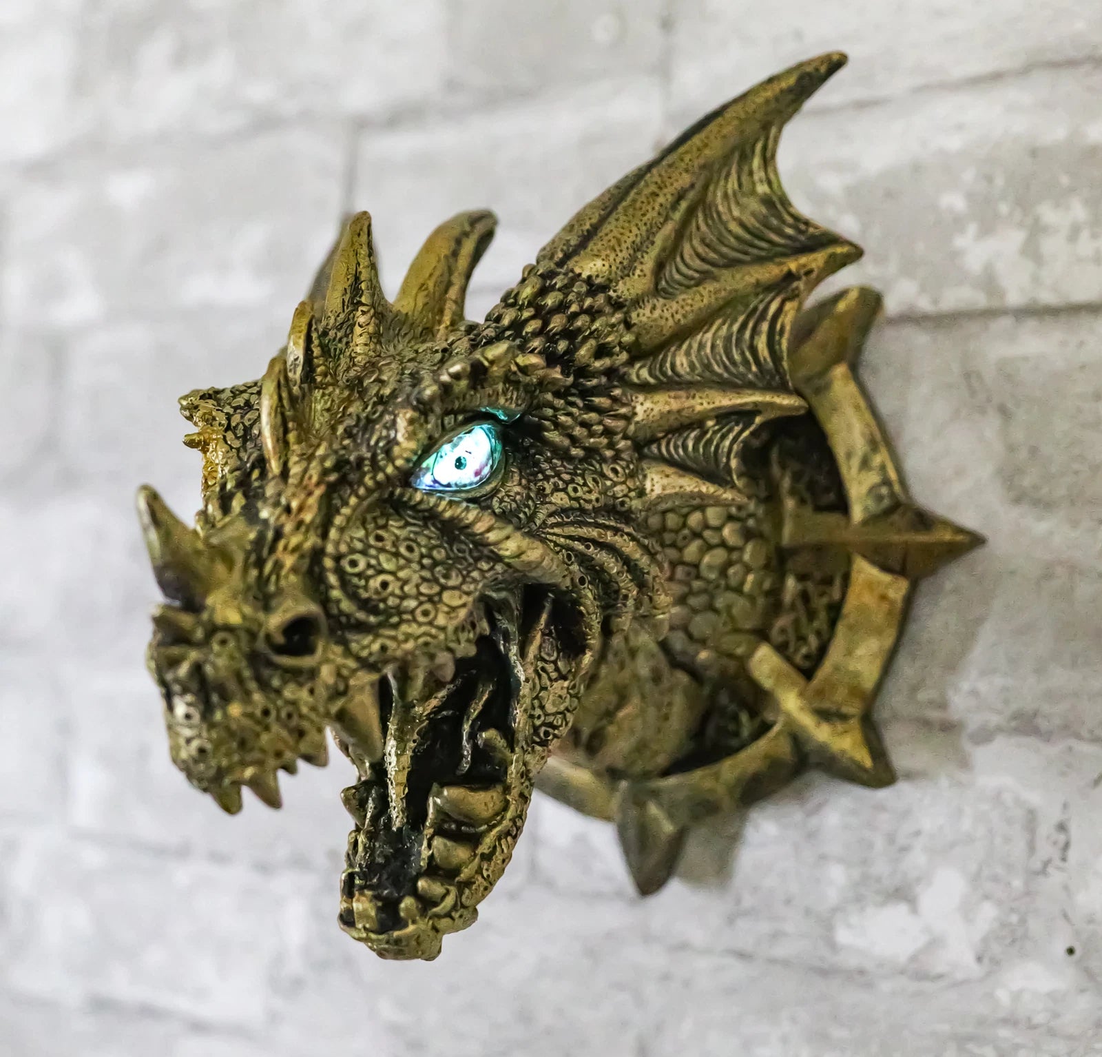 Castle Dungeon Chained Golden Dragon Wall Plaque Decor Color Changing LED Eyes-1