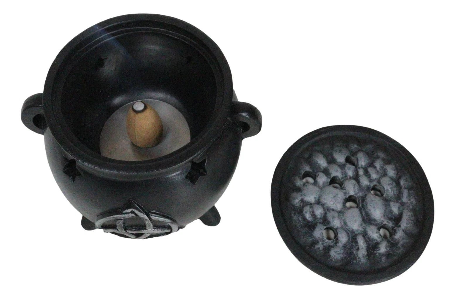 Wicca Sacred Triquetra Symbol Stars Cutout Witch Cauldron Incense Cone Burner-3