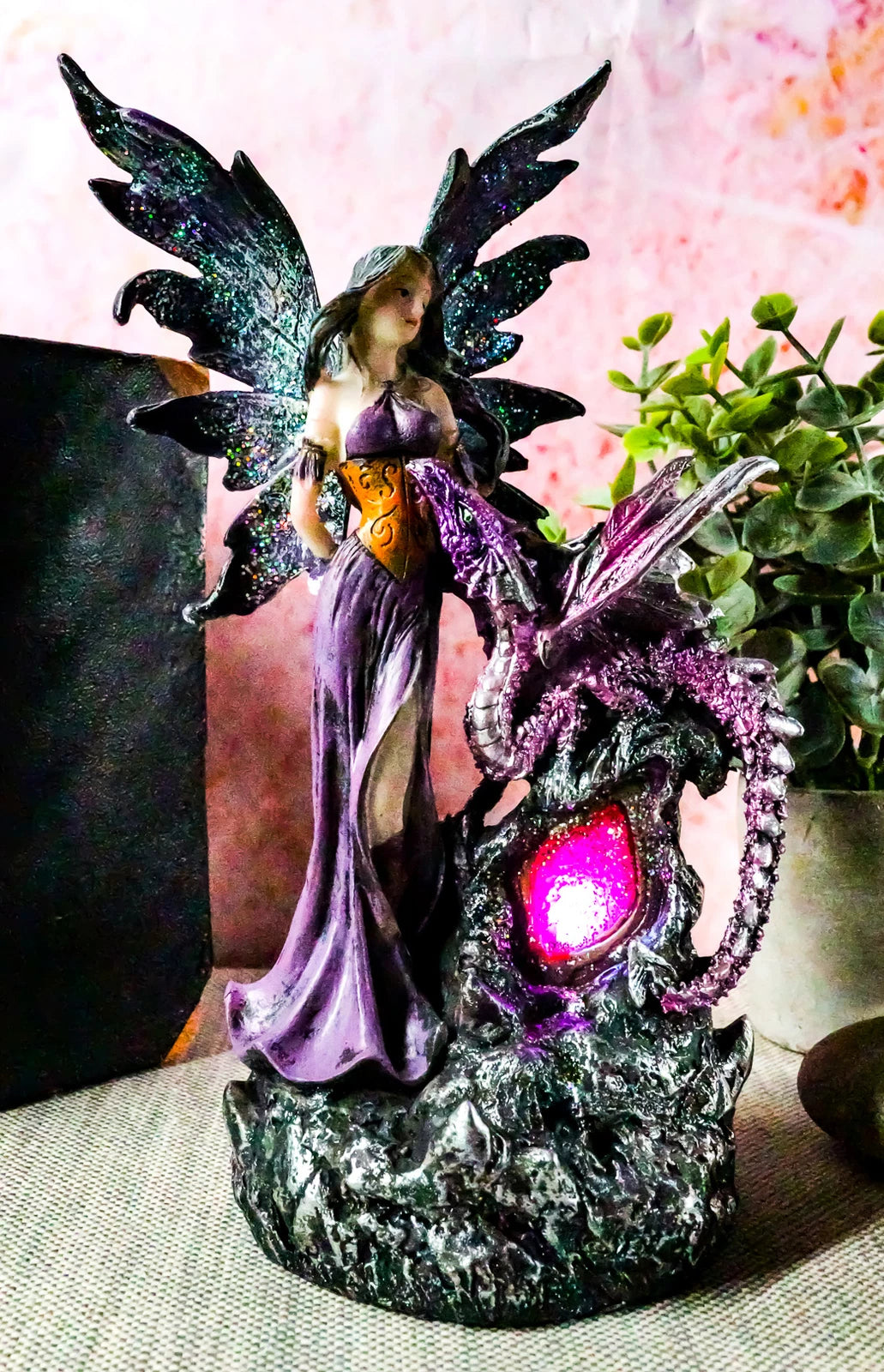 Purple Fairy With Dragon Sitting On LED Crystal Geode Night Light Statue Decor-2