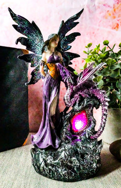 Purple Fairy With Dragon Sitting On LED Crystal Geode Night Light Statue Decor-2