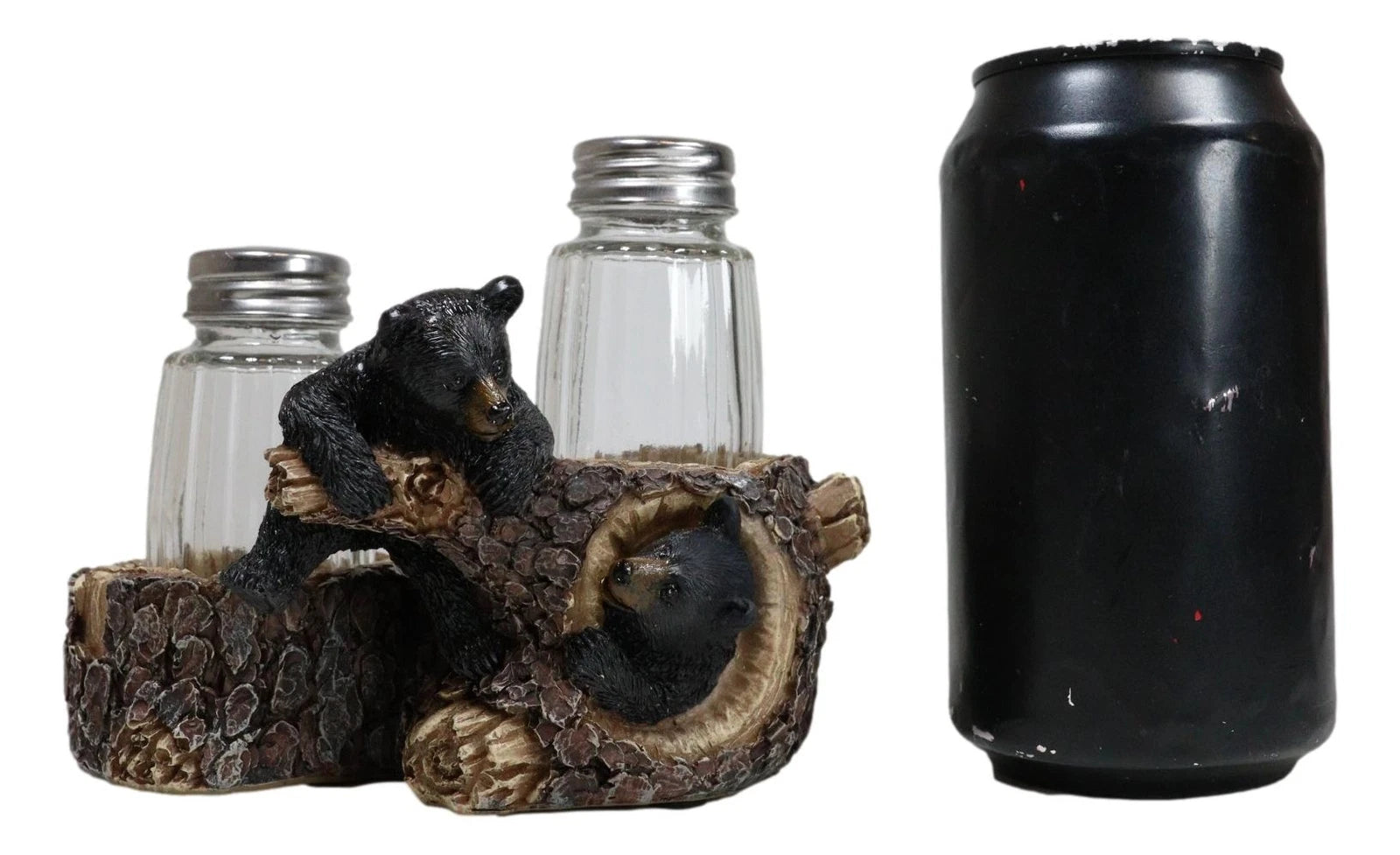 Rustic Forest 2 Black Bear Cubs Playing By Tree Logs Salt Pepper Shakers Holder-2