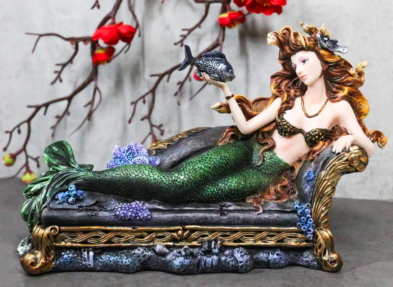 Queen Of Atlantis Siren Mermaid With Fish Resting On Sea Lounge Chair Figurine-1