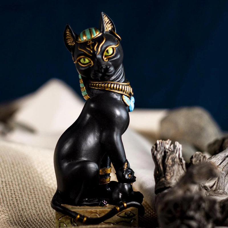 Egyptian Goddess Sitting Cat Bastet Mother With Kittens Statue in Vivid Colors-1