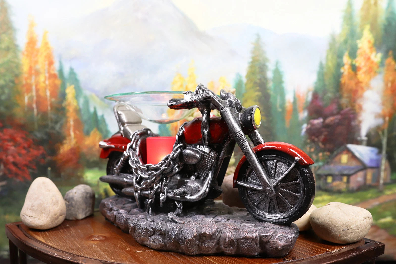 Red Vintage Motorcycle Chopper Bike Electric Oil Or Tart Burner Figurine-3