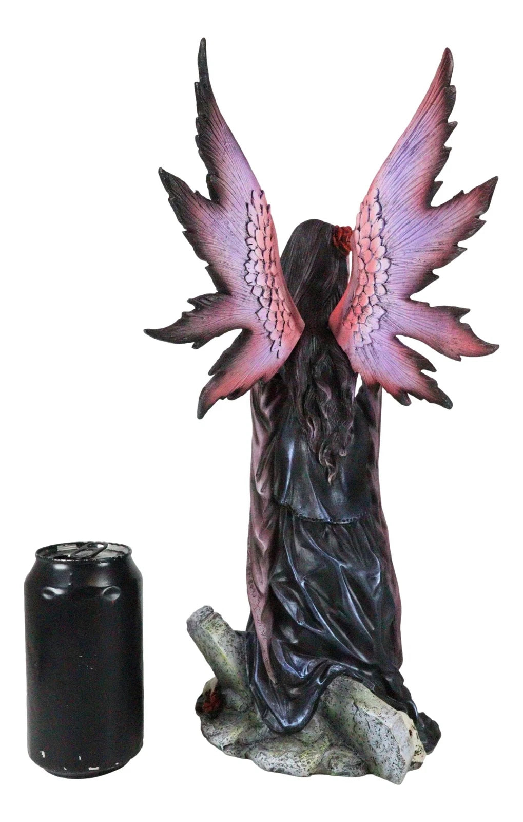 Black Sorceress Skulls Fairy with Red Rose Standing On Tombstone Figurine 15"H-3