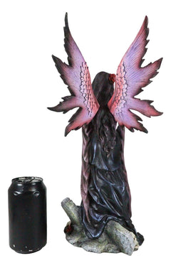 Black Sorceress Skulls Fairy with Red Rose Standing On Tombstone Figurine 15"H-3