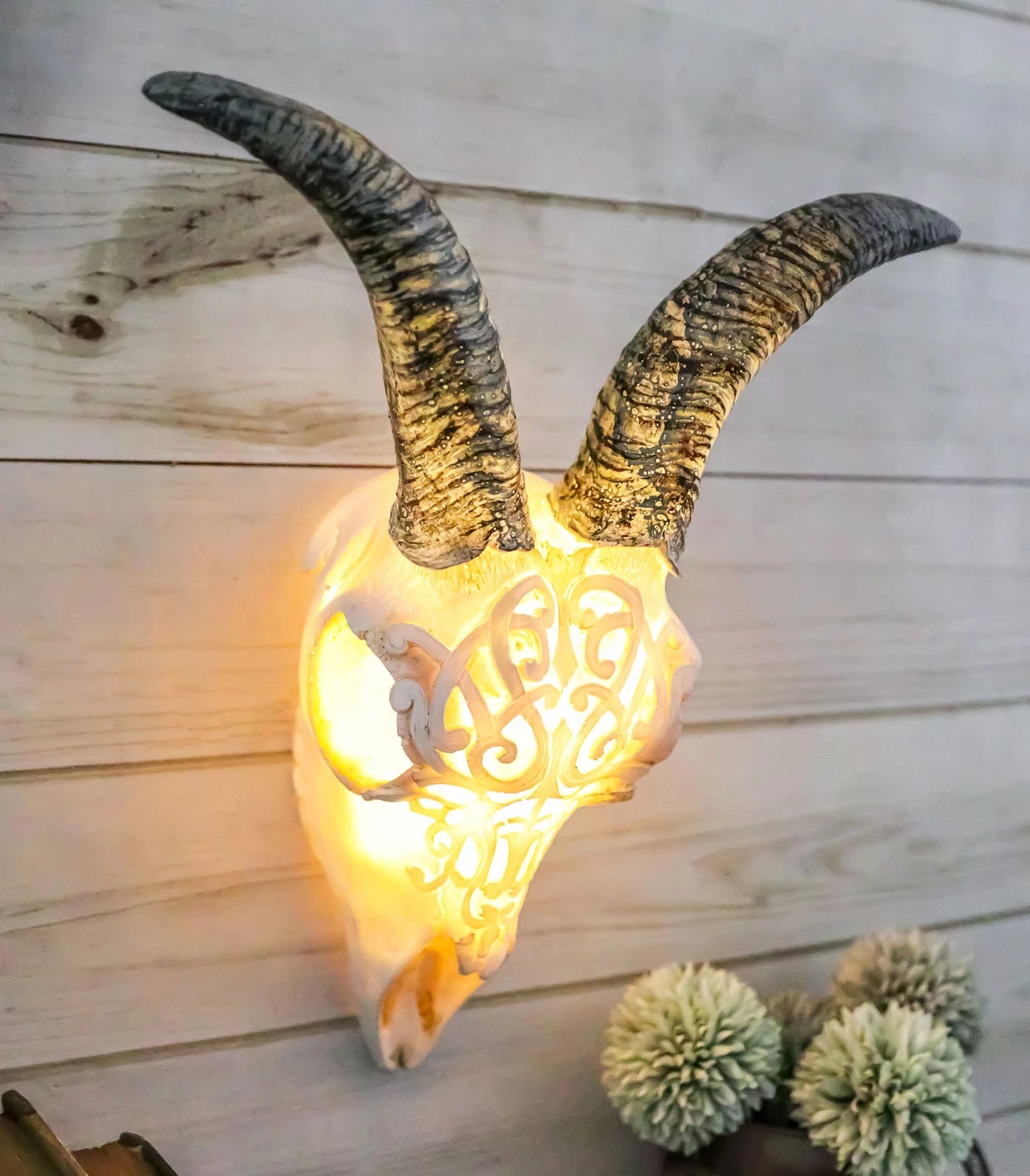 Rustic Tooled Filigree Bighorn Sheep Young Ram Skull LED Light Wall Decor Plaque-3