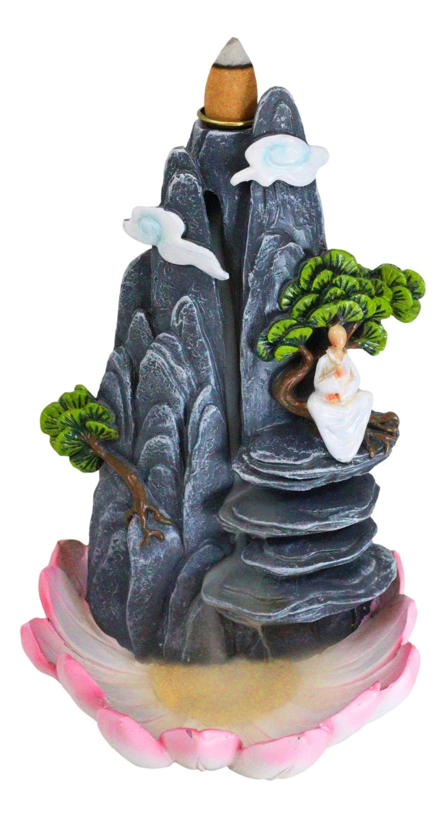 Zen Rocky Mountain Steppes With Monk On Giant Lotus Backflow Cone Incense Holder-3