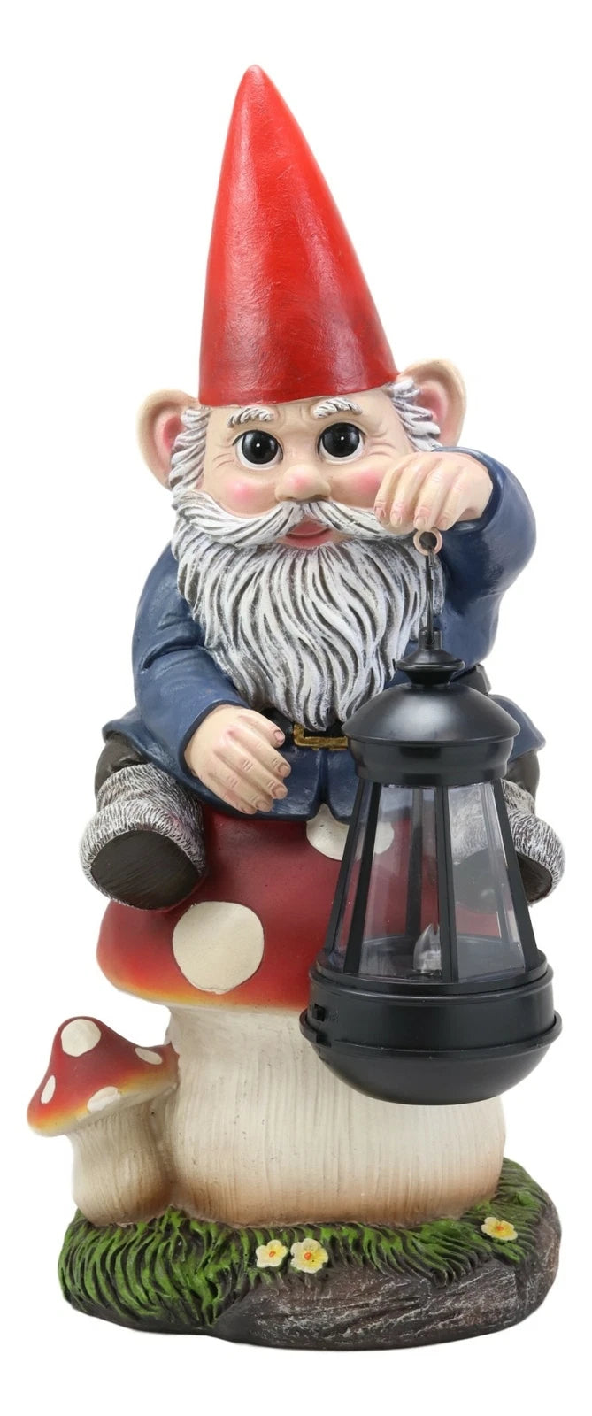 Large Whimsical Gnome On Toadstool Mushroom With Solar LED Lantern Light Statue-2