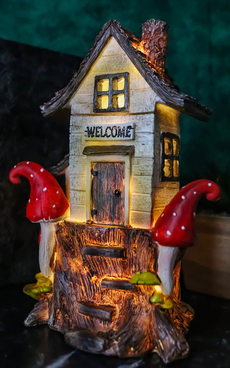 Fairy Garden LED Light Up Cottage Tree House With Toadstool Mushrooms Figurine-2