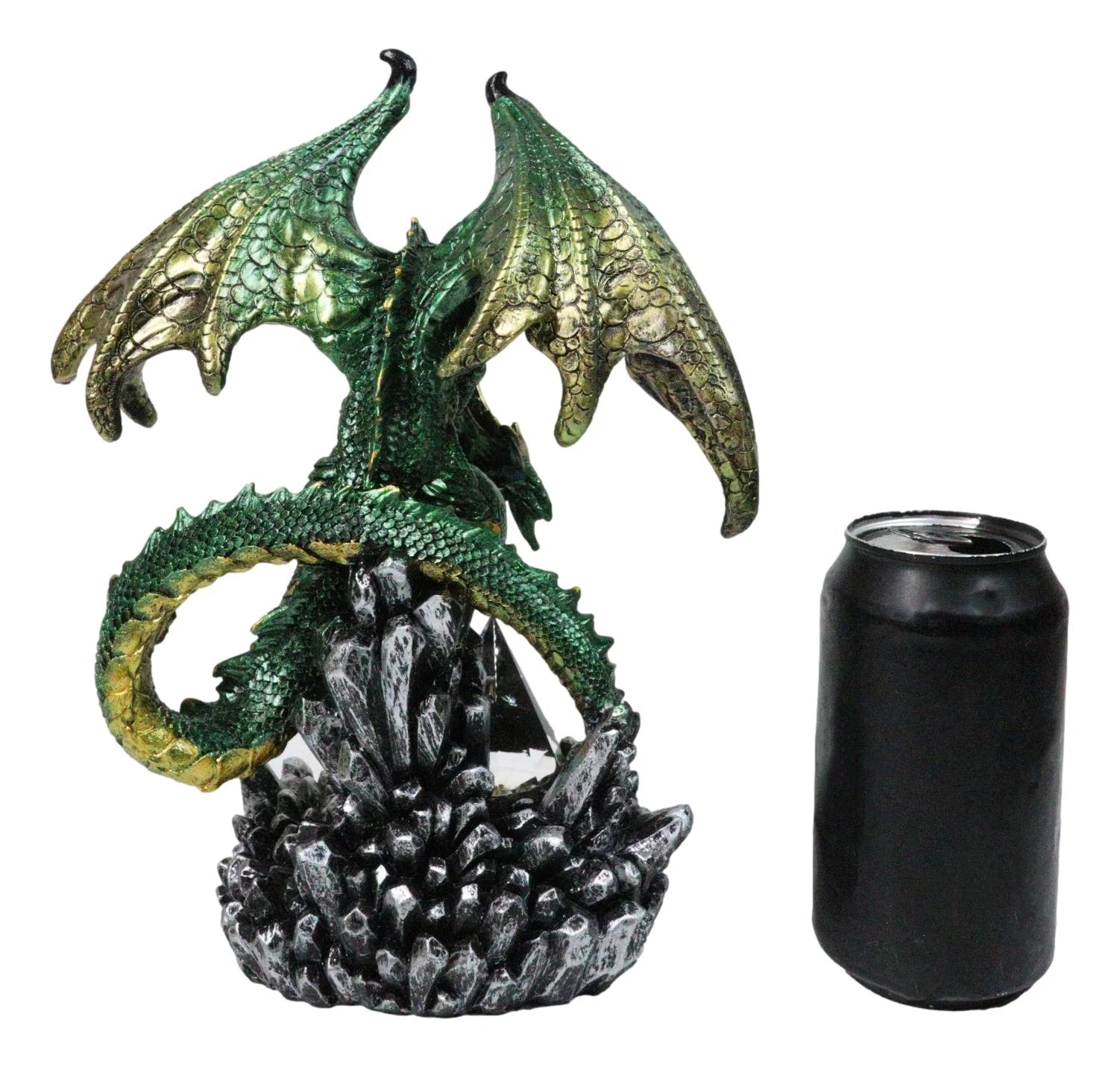 Metallic Green and Gold Rune Dragon Guarding Glass Prism Crystals Figurine 10"H-4