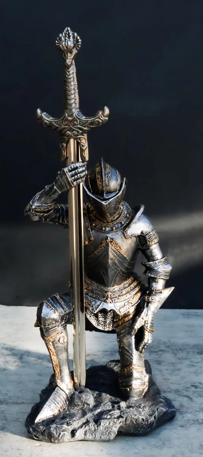 The Accolade Kneeling Medieval Knight Excalibur Sword Letter Opener Figurine