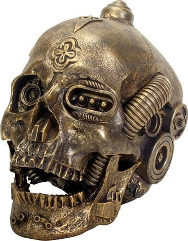 6.5 Inch Gold Colored Open Mouthed Machine Skull Head Figurine Decor