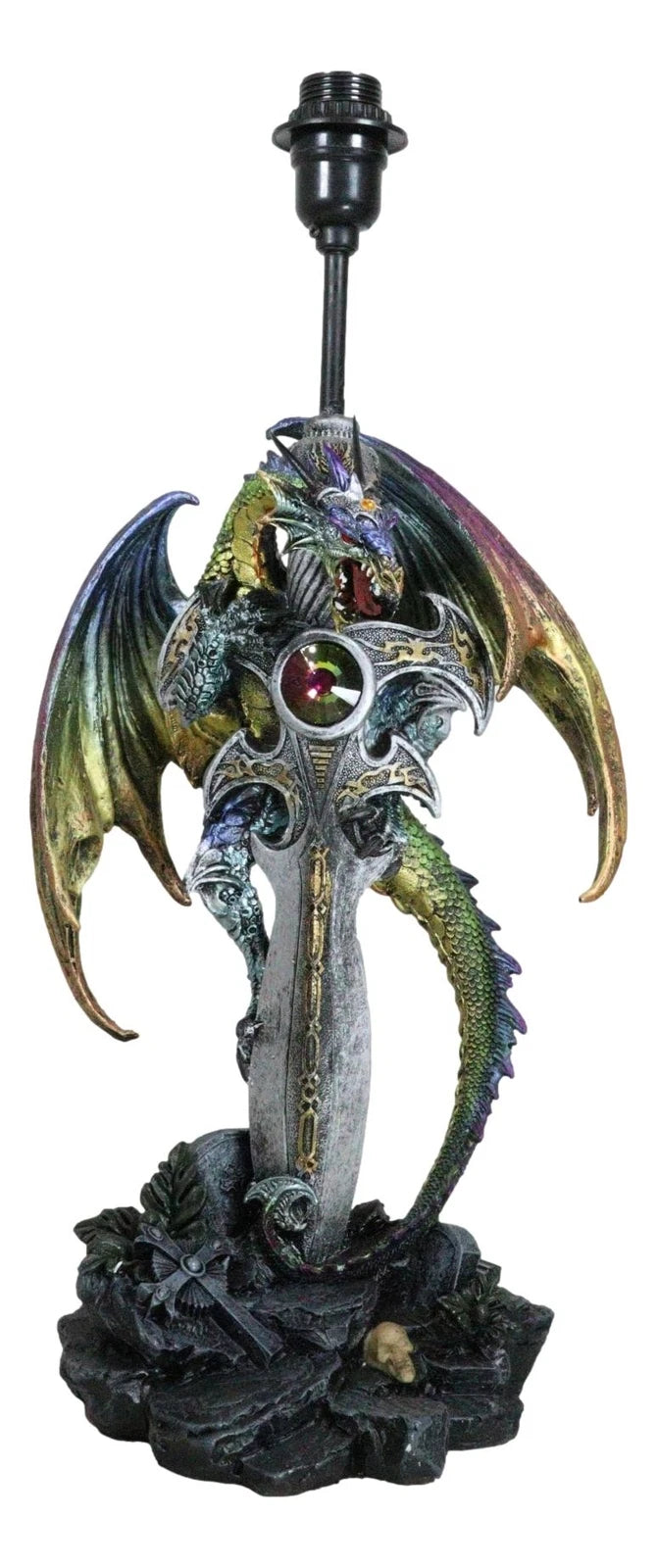 Lámpara de mesa con dragón verde dorado sosteniendo la espada Excalibur y un cristal en el cementerio.-2