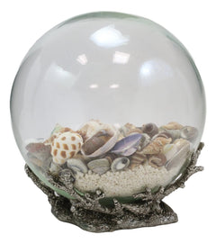 Nautical Marine Sea Shells Glass Globe Ball On Silver Coral Reef Metal Sculpture-5