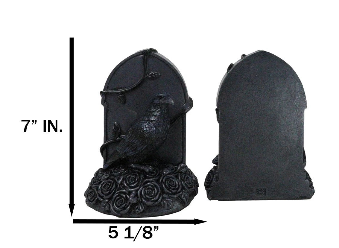 Raven Figurine, 8" Crow Perching on Black Roses Tombstone Gothic Figurine Bookends for Shelf, Desk, Home, or Gothic Room Decor Collectible
