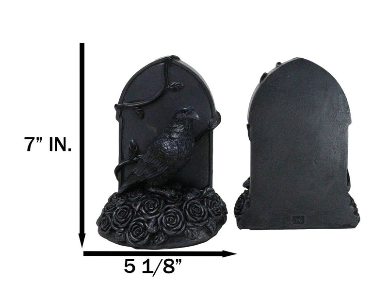 Raven Figurine, 8" Crow Perching on Black Roses Tombstone Gothic Figurine Bookends for Shelf, Desk, Home, or Gothic Room Decor Collectible-2