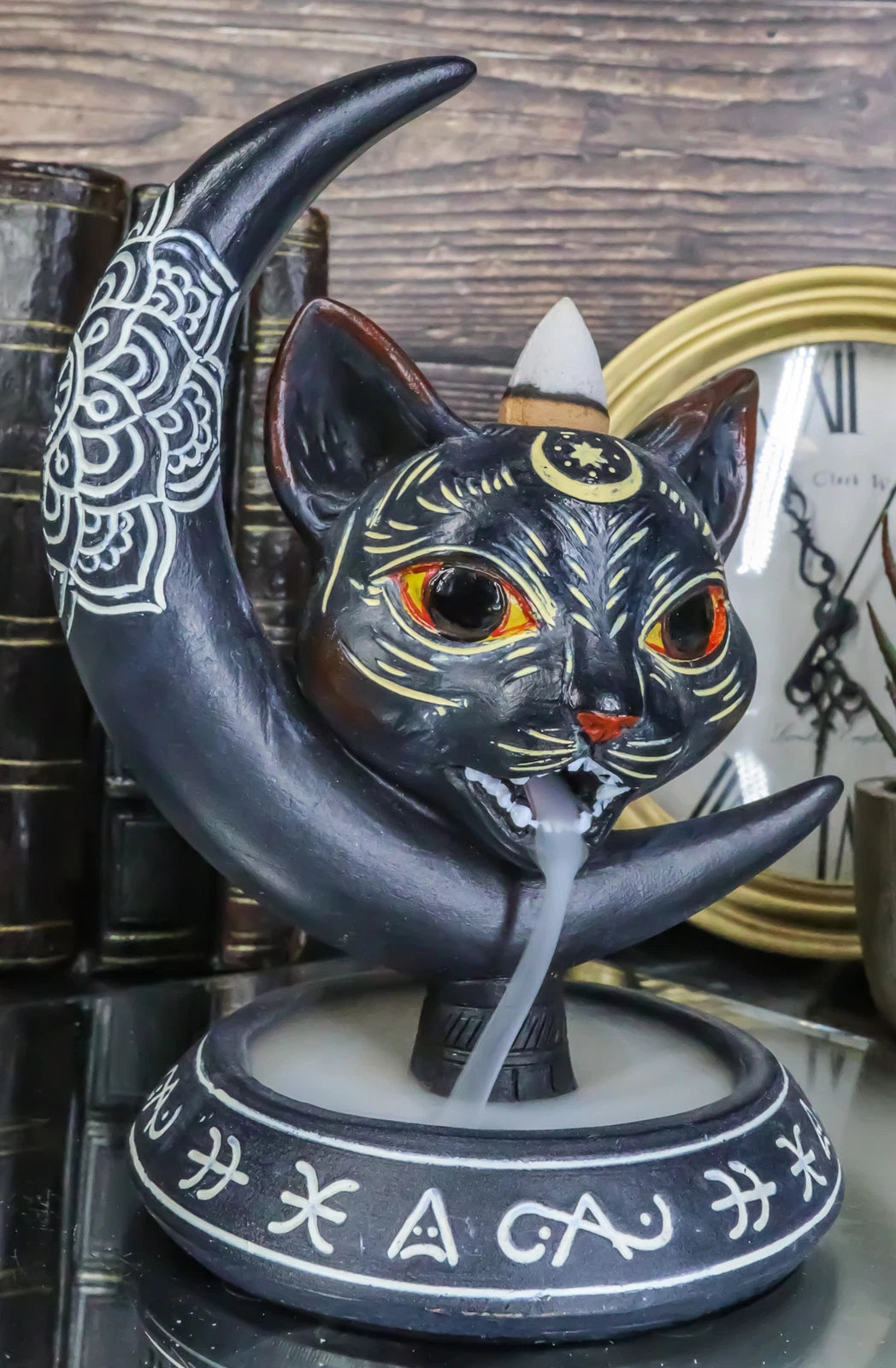 Occult Wicca Sacred Geometry Black Cat Crescent Moon Backflow Incense Burner-3