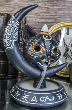 Occult Wicca Sacred Geometry Black Cat Crescent Moon Backflow Incense Burner-3