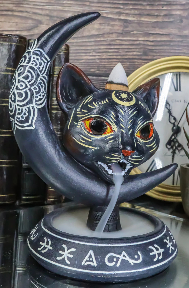 Occult Wicca Sacred Geometry Black Cat Crescent Moon Backflow Incense Burner-3