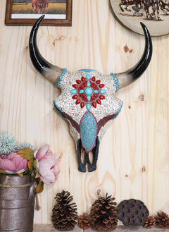 16.5"H Large Turquoise And Red Gems Mosaic Southwest Steer Cow Skull Wall Decor-1