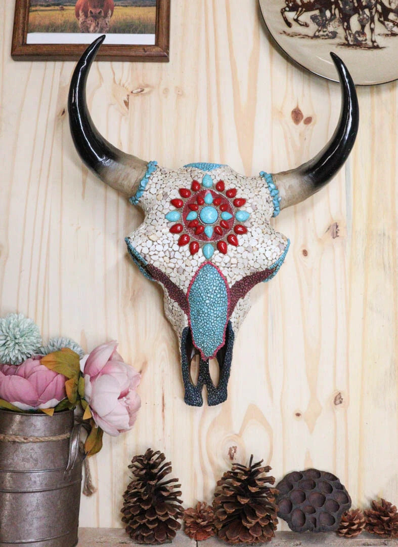 16.5"H Large Turquoise And Red Gems Mosaic Southwest Steer Cow Skull Wall Decor-1