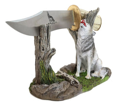 Rustic Forest Howling Gray Wolf Display With Decorative Dagger Knife Statue Set-3