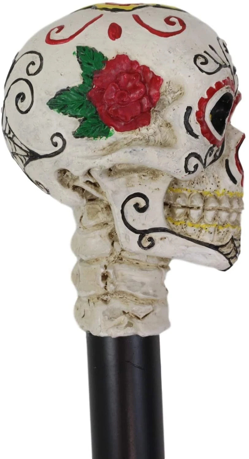 White Colorful Day Of The Dead Skull Prop Accessory Walking Cane For Parties-5