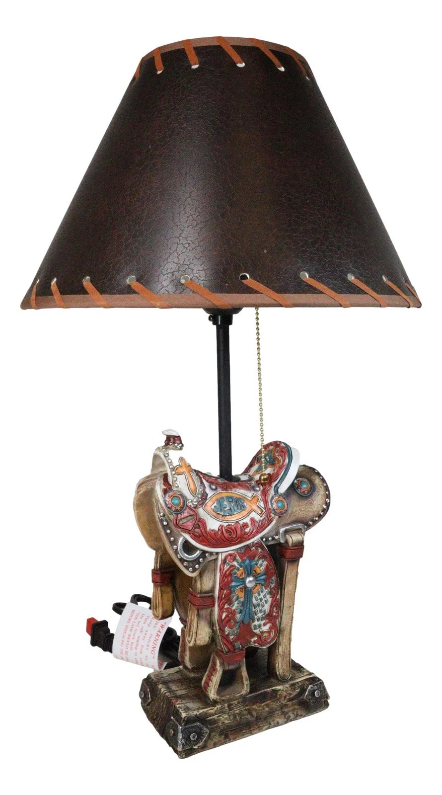 Rustic Western Cowboy Horse Saddle with Ichthys Jesus Fish Symbol Table Lamp-5