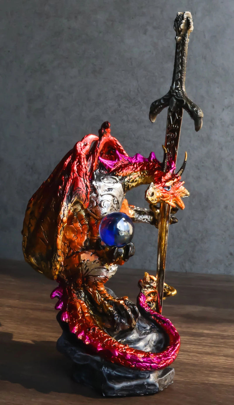 Red Metallic Fire Knight Dragon With Orb and Gothic Sword Letter Opener Figurine-1