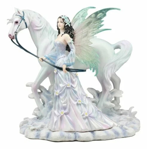Aurora Borealis Winter Fairy With Sacred White Horse Statue 10"Long Nene Thomas-4