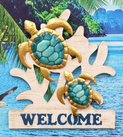 Aluminum Sea Turtles With Welcome Sign Hanging Wall Decor Plaque 17.5"Tall-1