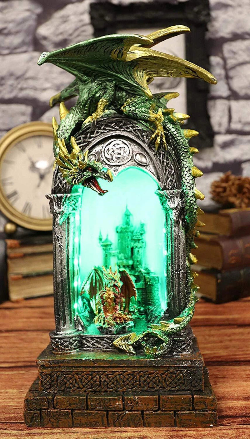 Green Dragon Perching On Celtic Arch Columns With Red Wyrmling LED Light Statue-1
