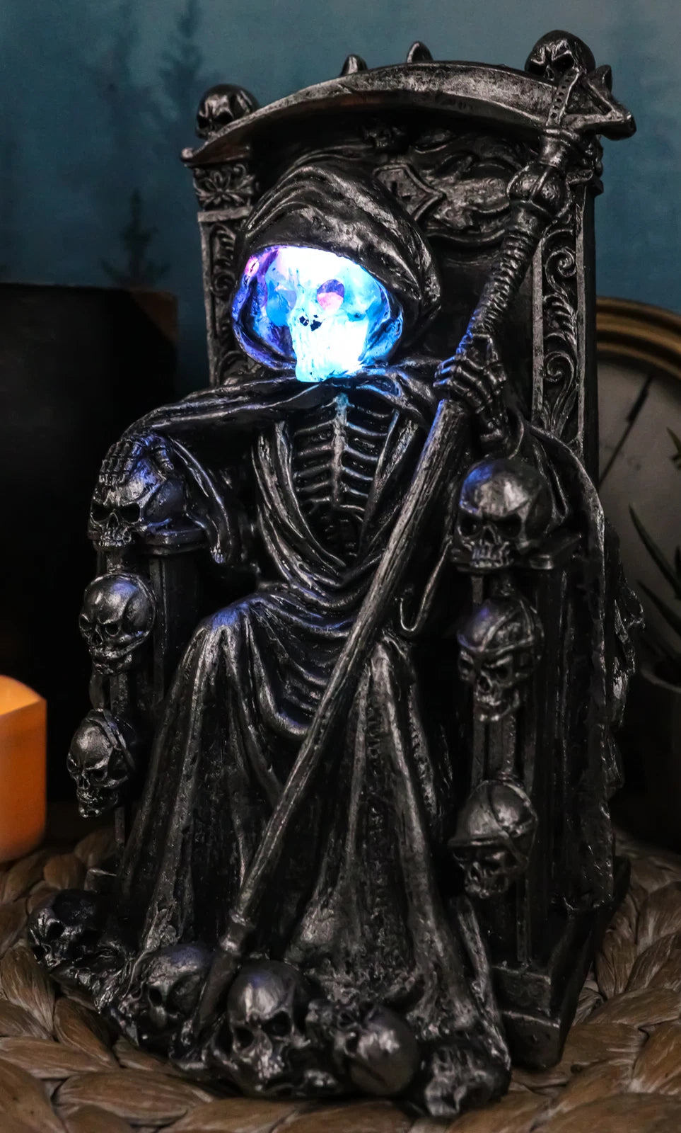 Dark Lord Grim Reaper Skeleton On Throne With LED Light Ghastly Face Figurine-6