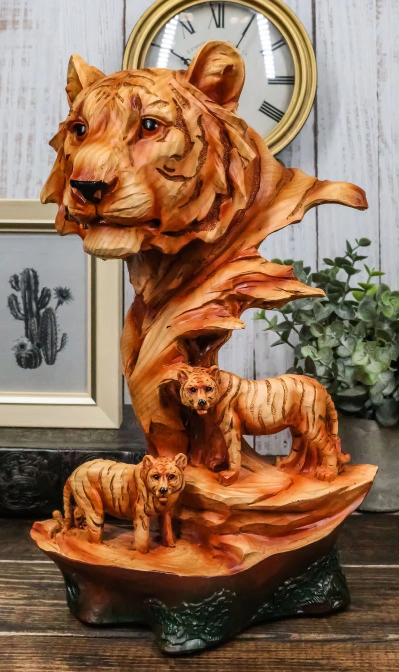 Large Bengal Tiger Bust Statue 11.75"Tall Faux Wood Resin Tiger Family In Jungle-1