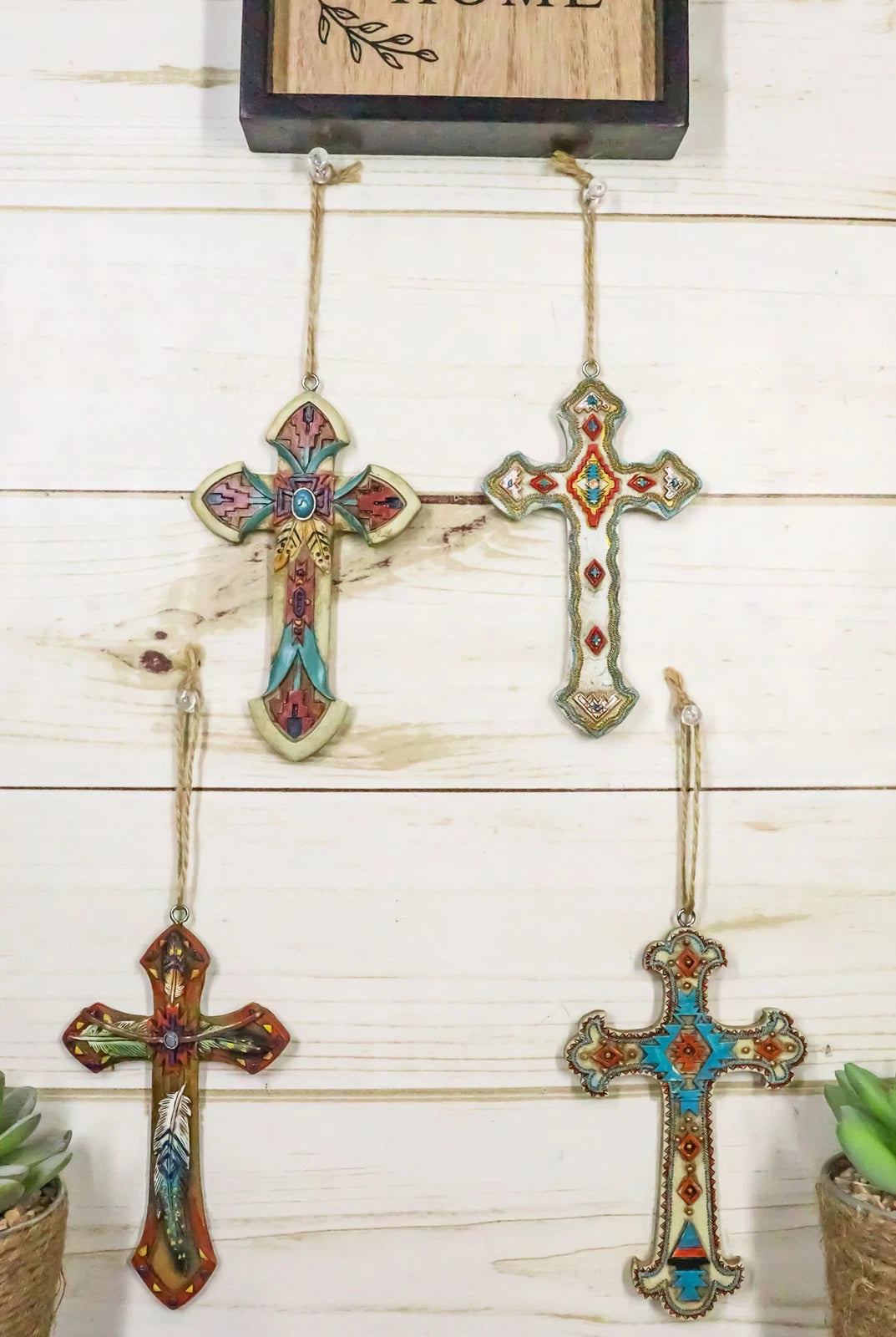 Rustic Western Native Indian Christian Crosses Set of 4 Christmas Tree Ornaments