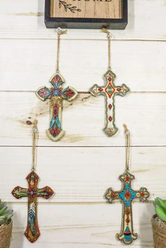 Rustic Western Native Indian Christian Crosses Set of 4 Christmas Tree Ornaments-2