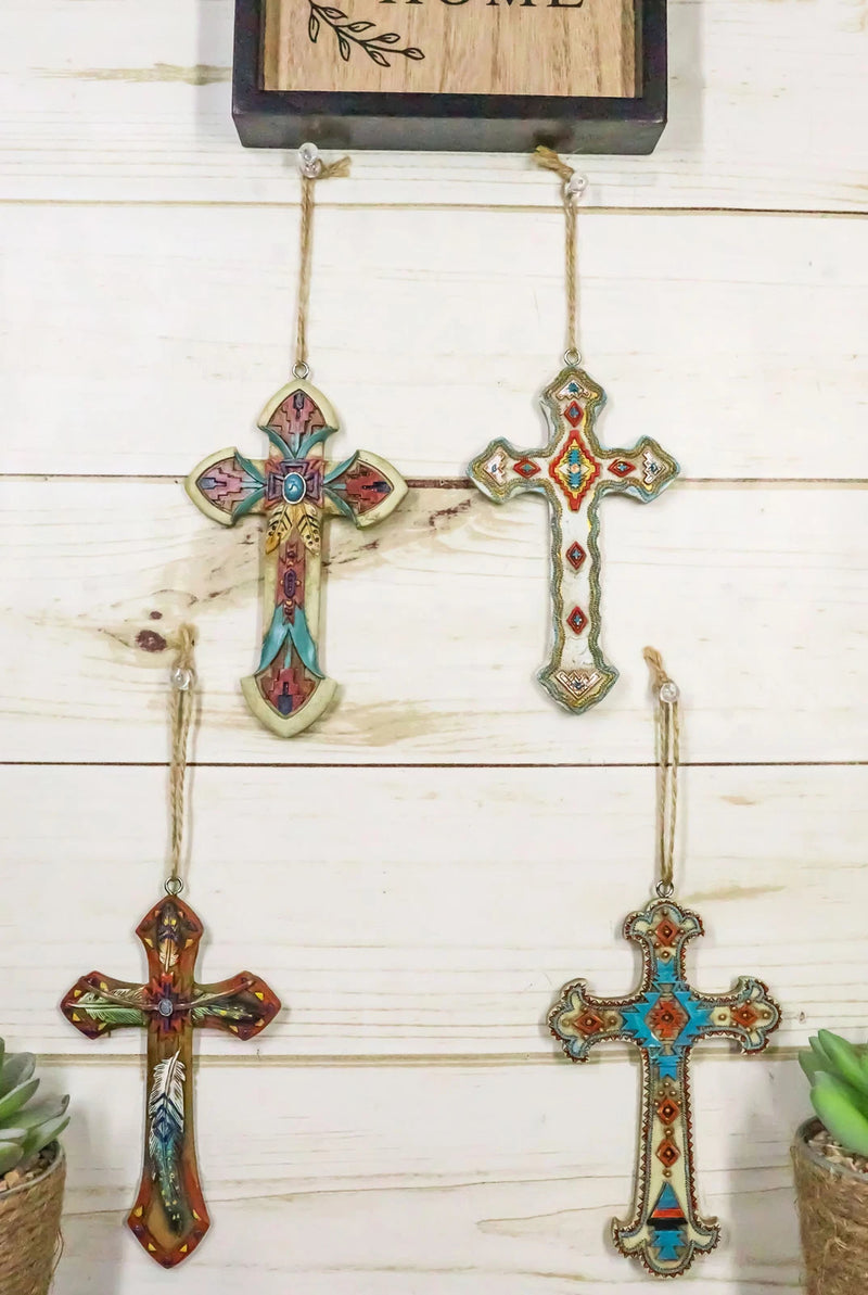 Rustic Western Native Indian Christian Crosses Set of 4 Christmas Tree Ornaments-2