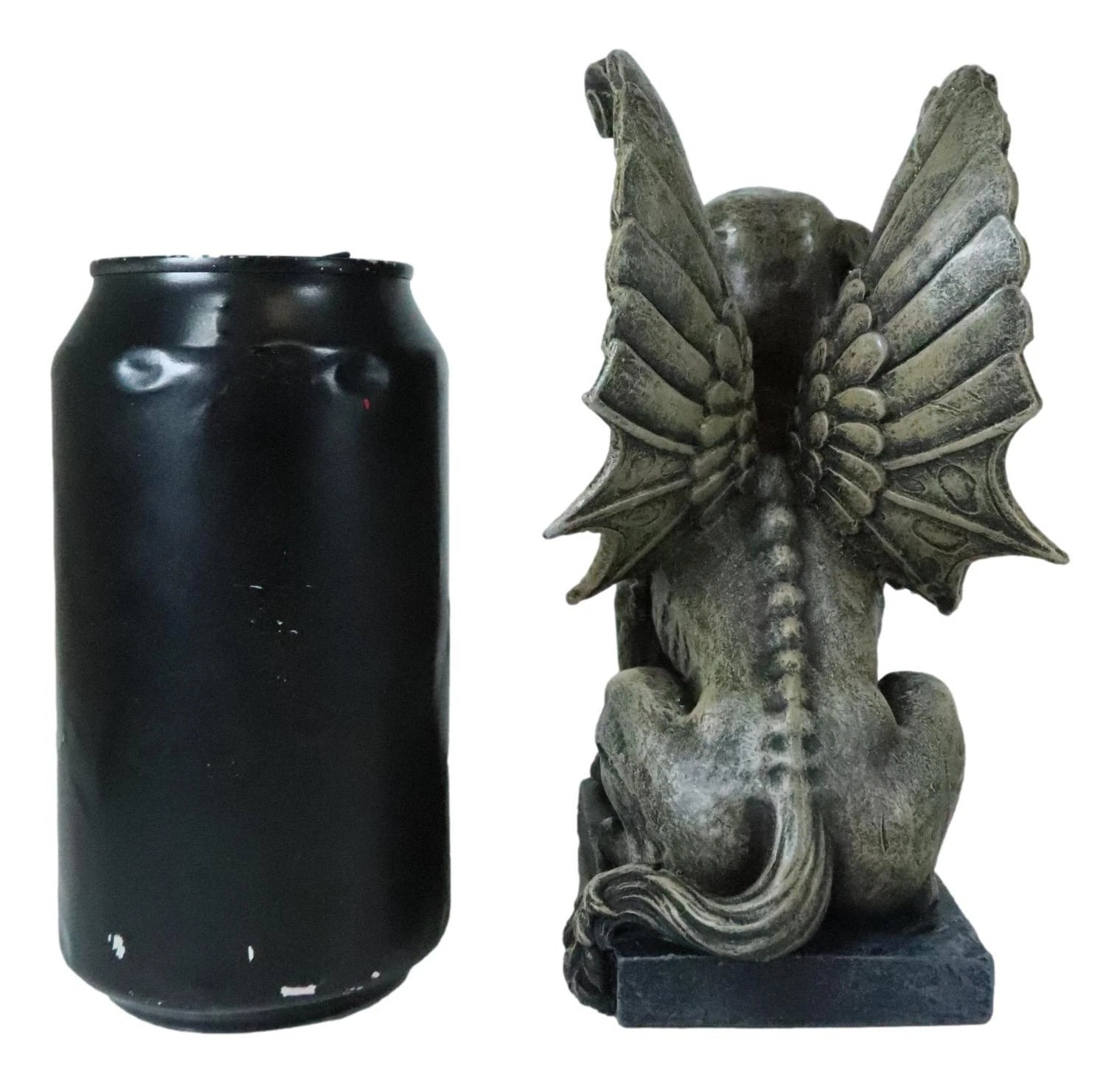 Lion Gargoyle with Griffin Wings Crouching On Pedestal Statue 6.5" Tall-3