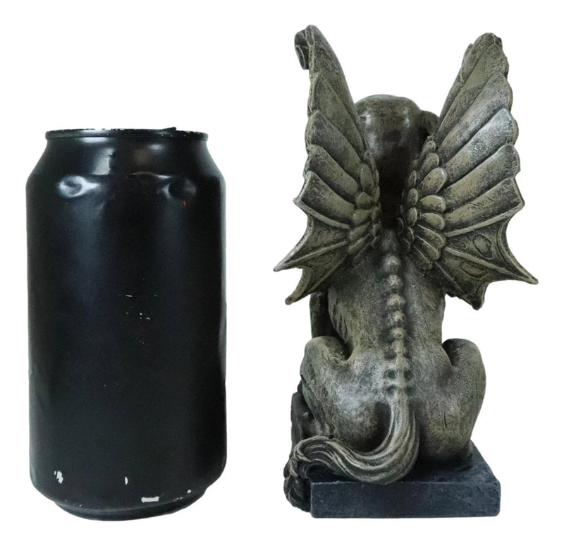 Lion Gargoyle with Griffin Wings Crouching On Pedestal Statue 6.5" Tall-3