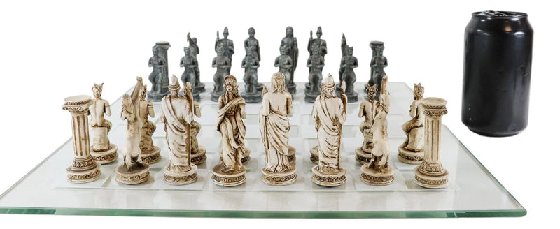 Olympus At War Greek Olympian Deities Resin Chess Pieces W/Glass Board Set-8