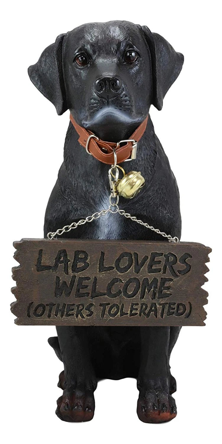 Lifelike Black Labrador Retriever Dog With Welcome Jingle Collar Sign Statue-4