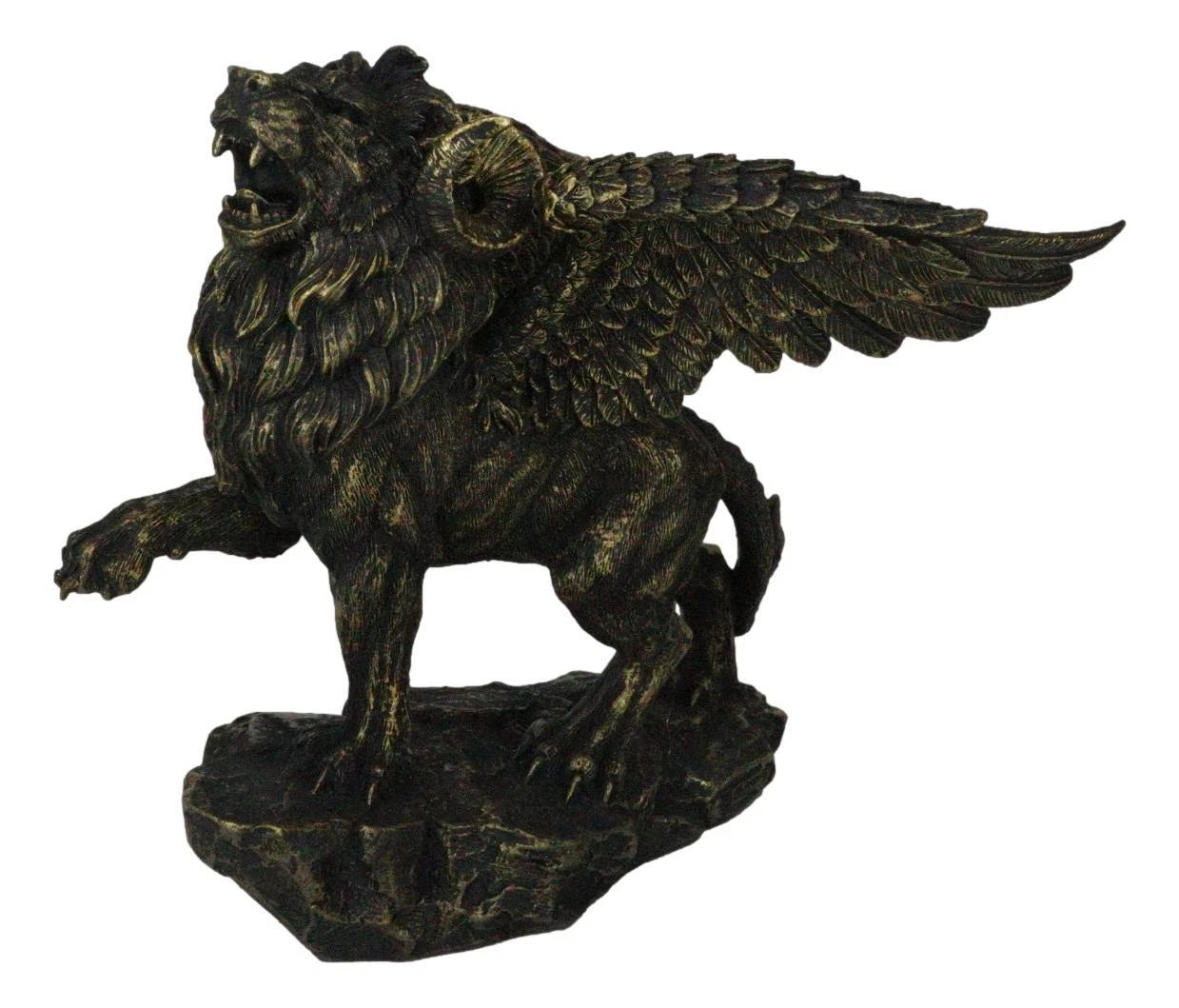Faux Bronze Greek Guardian Winged Lion Chimera Gargoyle With Goat Horns Figurine-4