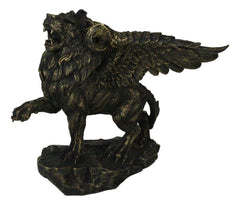 Faux Bronze Greek Guardian Winged Lion Chimera Gargoyle With Goat Horns Figurine-4