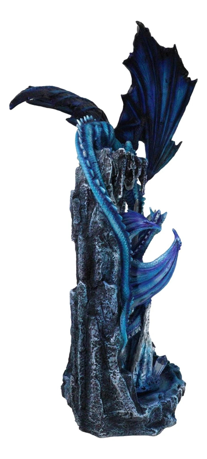 20"H Large Blue Frozen Dragon On Arch With Wyrmling By Ice Stalagmite Statue-5